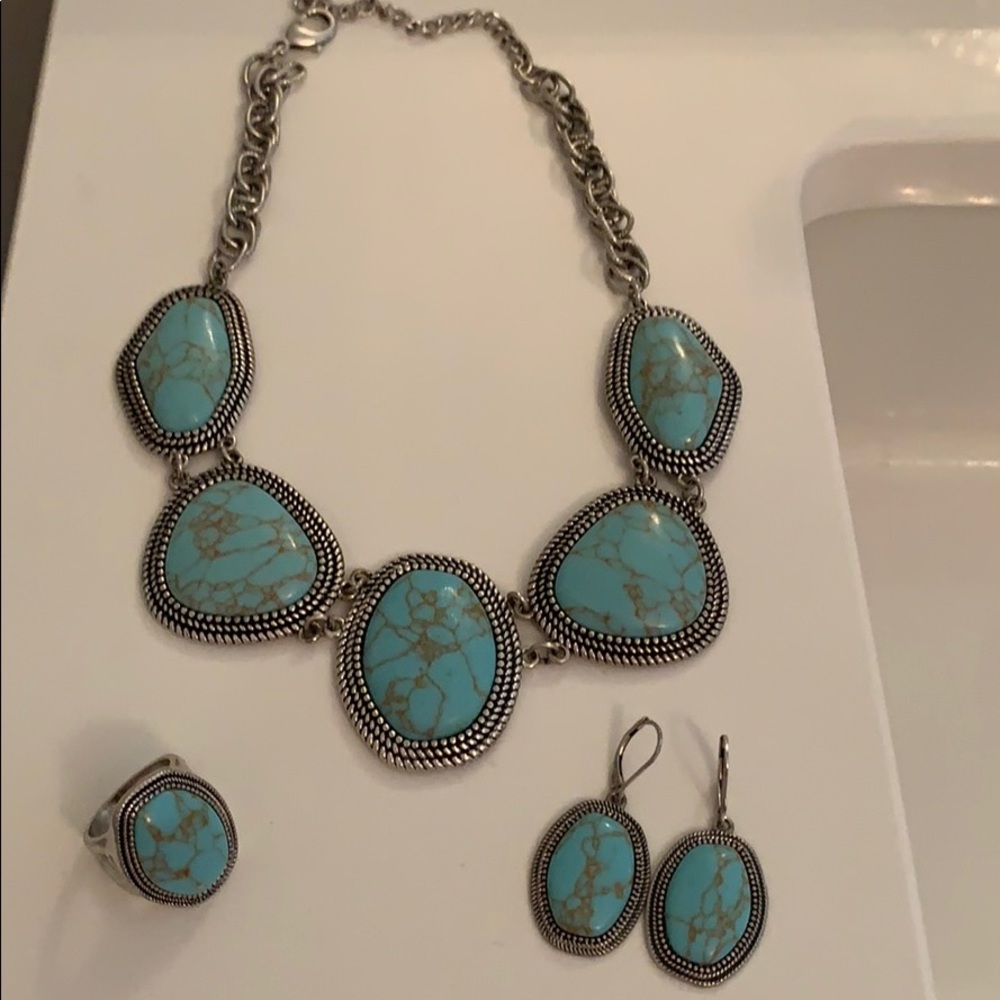 Lia Sophia turquoise necklace earrings and ring